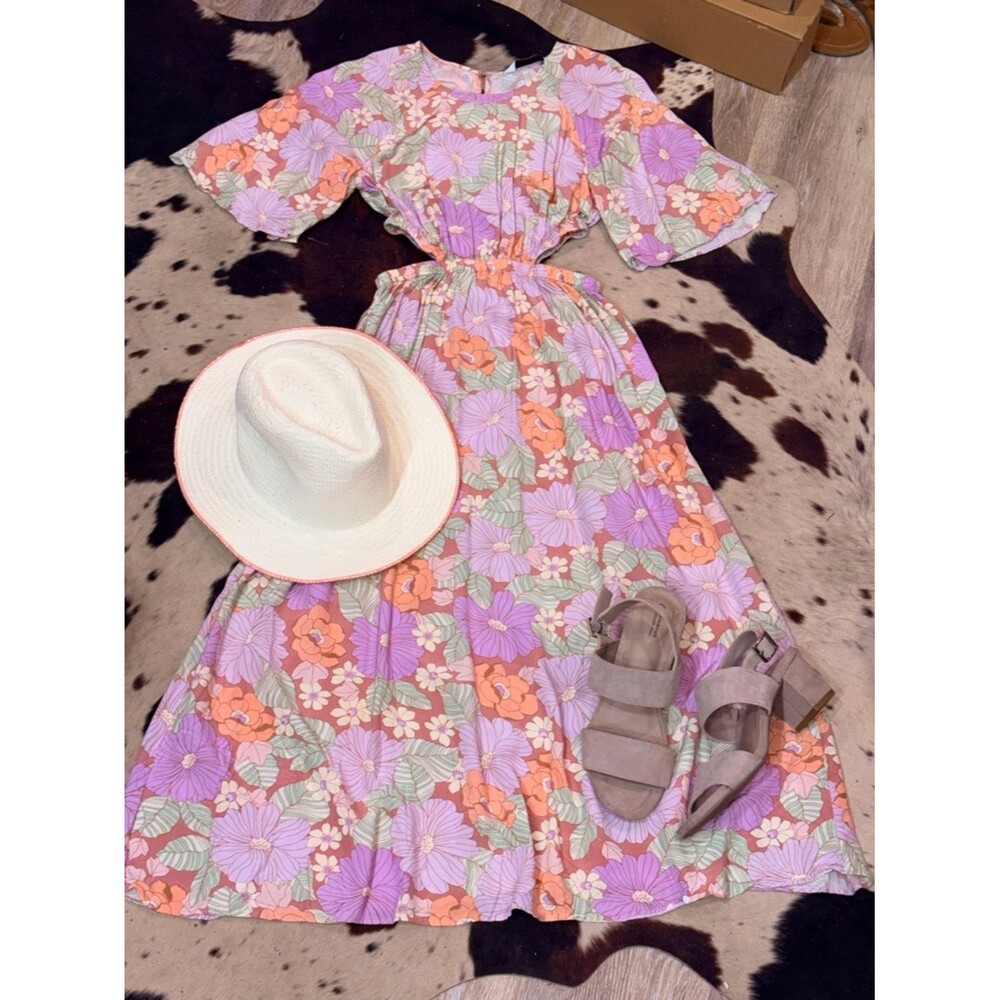 & Other Stories pastel Lavender and Peach Floral Cutout Midi Dress - Picture 2 of 12